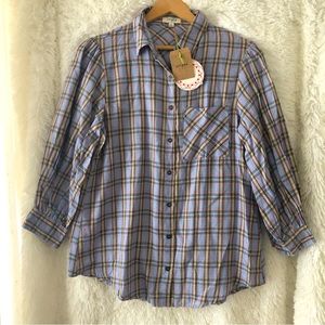 Umgee NWT Plaid Collared Button Down  3/4" Bell Sleeves 100% Cotton Top Sz Small